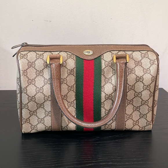 GUCCI Vintage Sherry Line GG Web PVC Canvas Leather Brown Boston Bag Handbag - Picture 4 of 17
